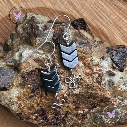 Hematite Arrow Earrings With Lucky Silver Clover